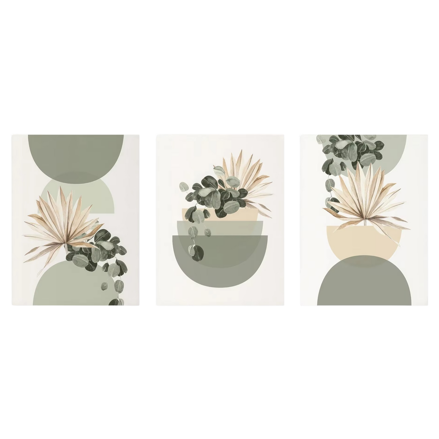 Pastel Botanical Wall Art Set – Light Green & Tan Leaf Trio for Calm Interiors - 3 Canvas Set