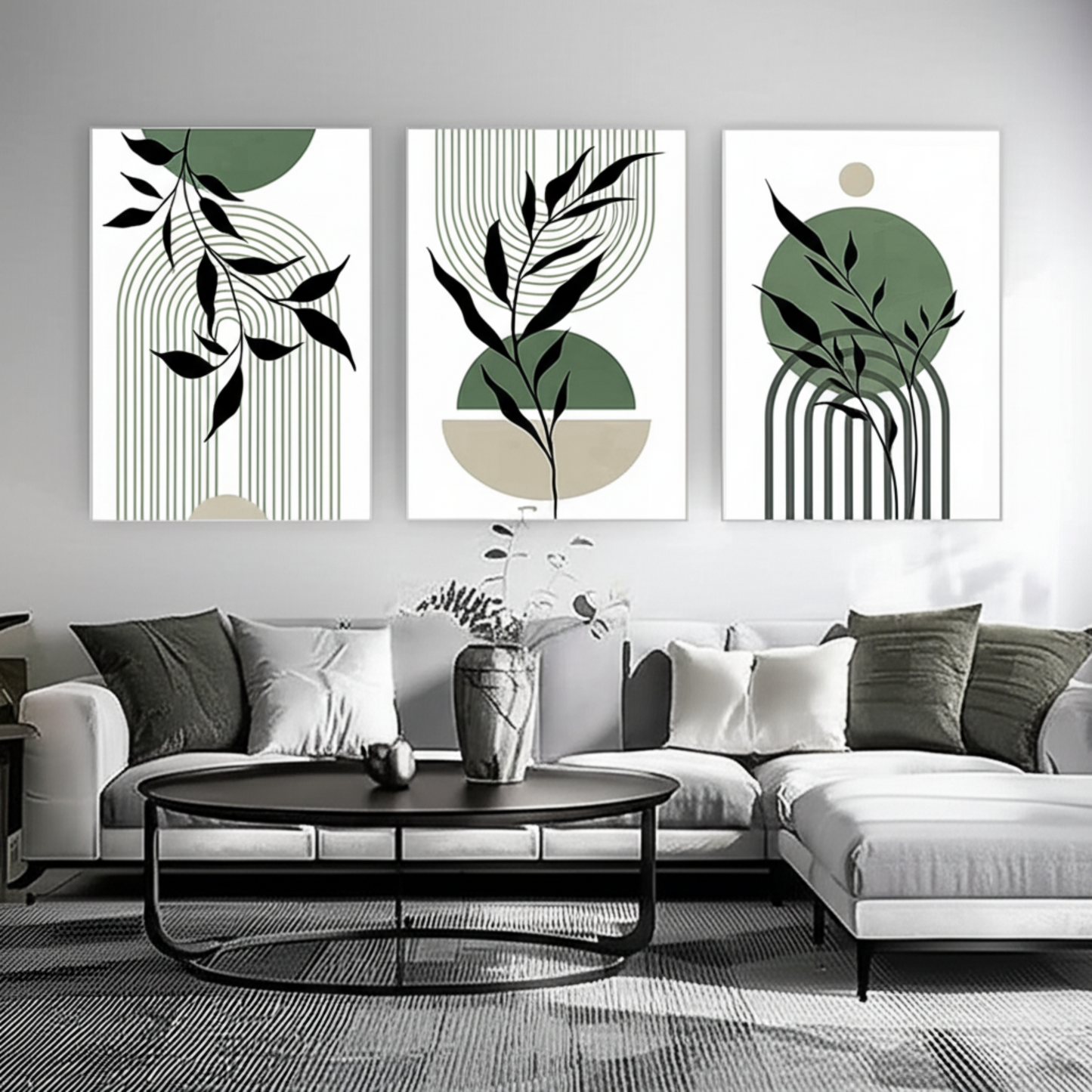 Abstract Leaf & Line Wall Art Trio – Sage Green Modern Boho Prints - 3 Canvas Set
