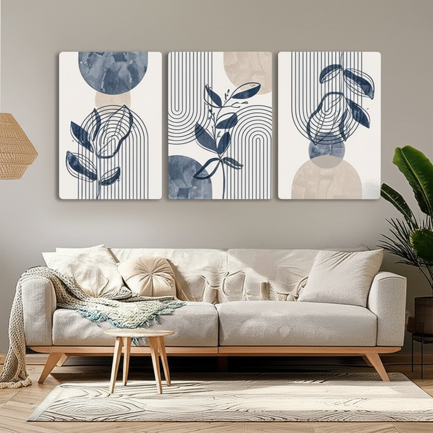 Geometric Leaf Line Art Trio β Blue & Beige Minimalist Canvas Set - 3 Canvas Set