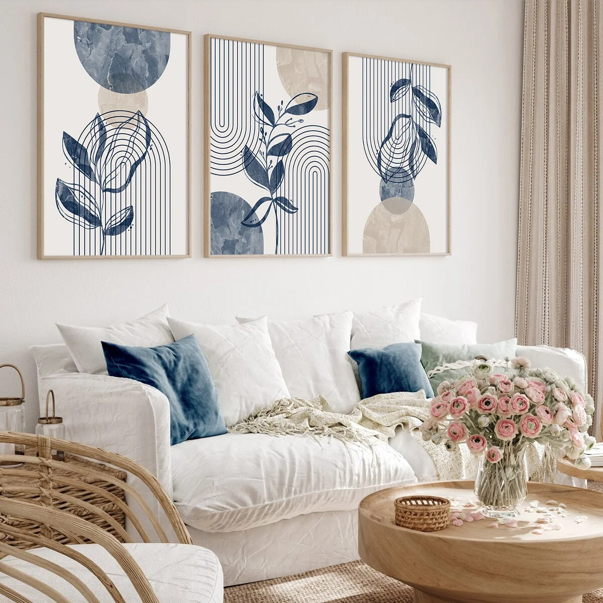 Geometric Leaf Line Art Trio β Blue & Beige Minimalist Canvas Set - 3 Canvas Set