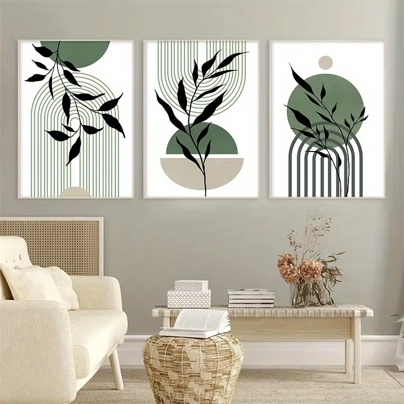 Abstract Leaf & Line Wall Art Trio – Sage Green Modern Boho Prints - 3 Canvas Set