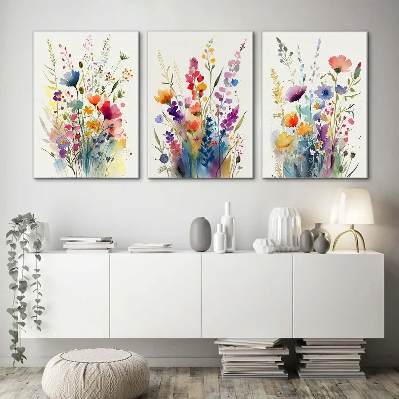Whimsical Wildflowers Canvas Wall Art – 3-Piece Print Set