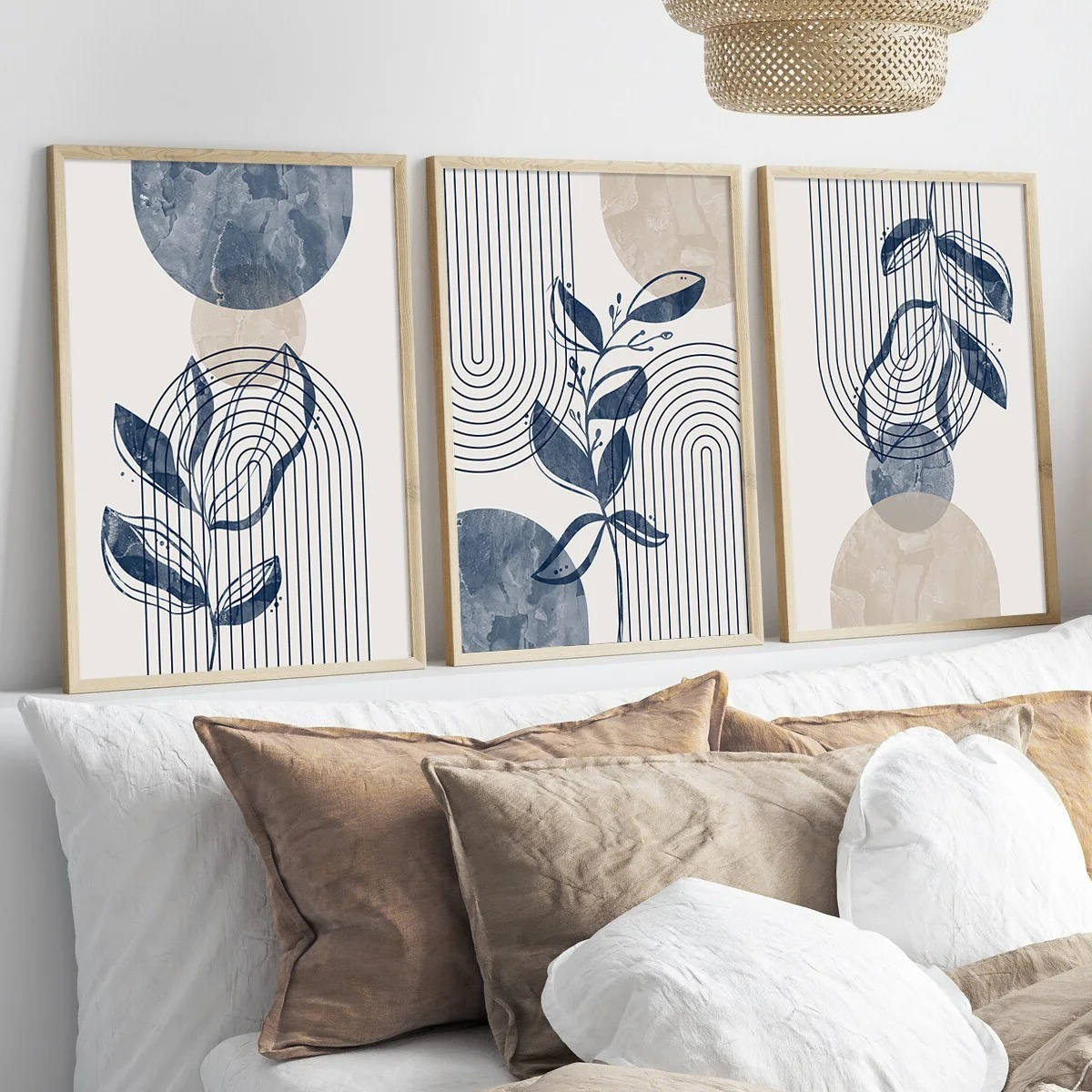 Geometric Leaf Line Art Trio β Blue & Beige Minimalist Canvas Set - 3 Canvas Set