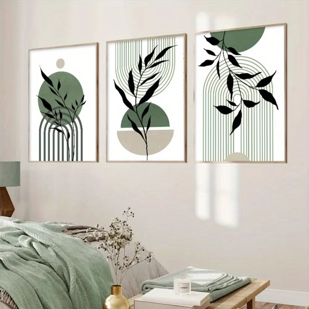 Abstract Leaf & Line Wall Art Trio – Sage Green Modern Boho Prints - 3 Canvas Set