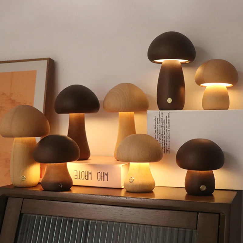 Wooden Mushroom Night Light β Soft Glow Bedside Lamp with Natural Style