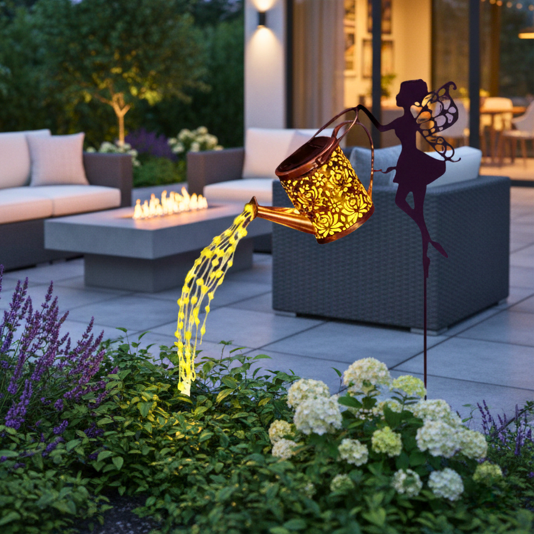 Solar-powered fairy garden light shaped like a watering can pouring glowing warm yellow lights into plants, set beside a fairy silhouette in a modern outdoor patio garden at dusk.