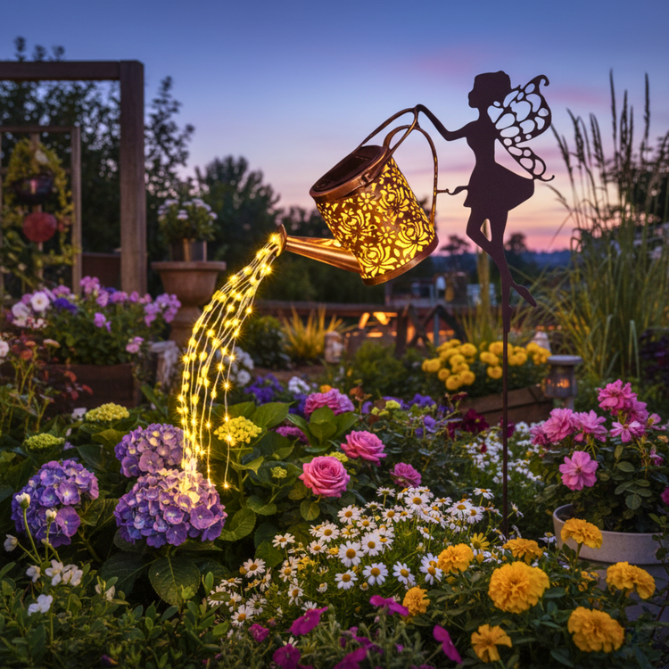 Fairy watering can waterfall style fairy lights in a lush garden full of colourful flowers on a sunset background