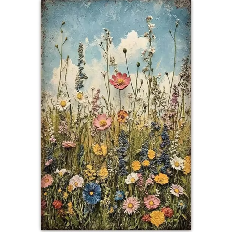 Vintage style colourful painting of wildflowers in red, orange and white hues