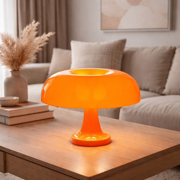 Bright orange mushroom table lamp glowing on a wooden coffee table in a modern living room, with the lamp dominating the frame against a soft neutral sofa background.