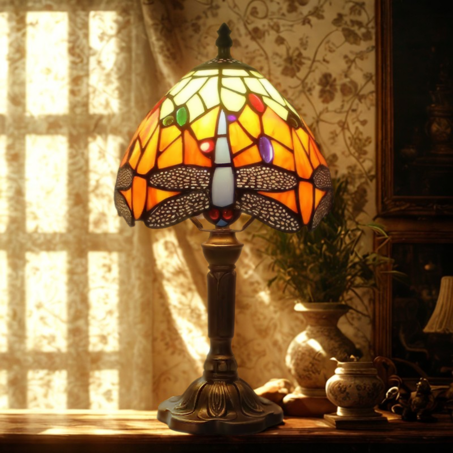 Retro Dragonfly Tiffany Style Lamp – Colourful Stained Glass & Iron Base Accent Light