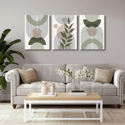 Sage Green Boho Abstract Trio – Stylish Canvas Prints for Contemporary Home Decor