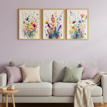 Whimsical Wildflowers Canvas Wall Art – 3-Piece Print Set