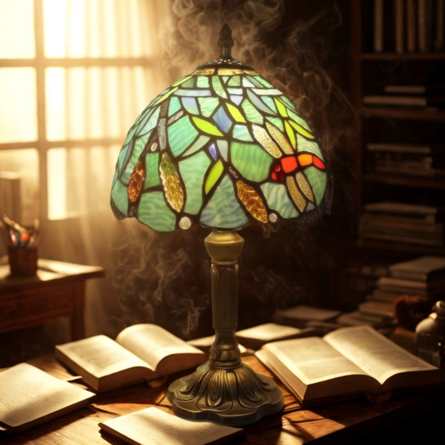 Retro Dragonfly Tiffany Style Lamp – Colourful Stained Glass & Iron Base Accent Light