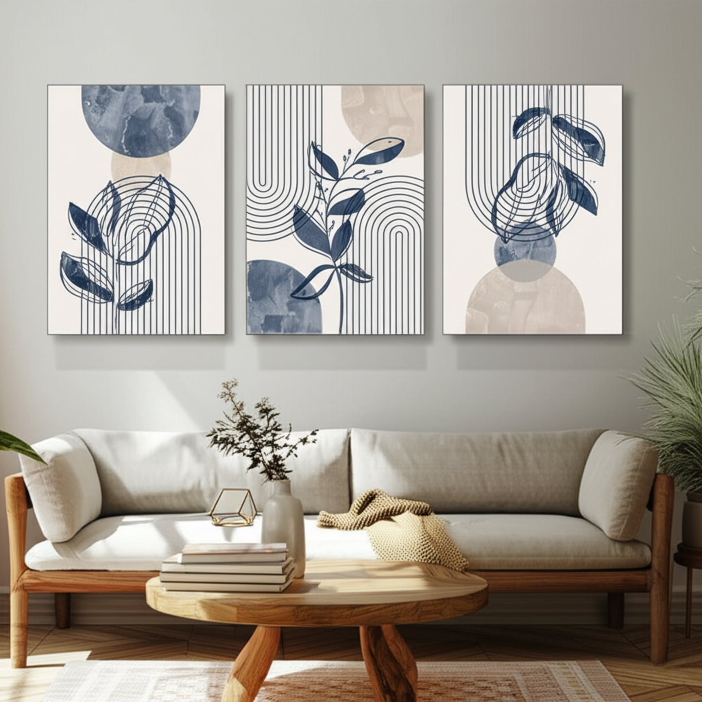 Geometric Leaf Line Art Trio – Blue & Beige Minimalist Canvas Set - 3 Canvas Set