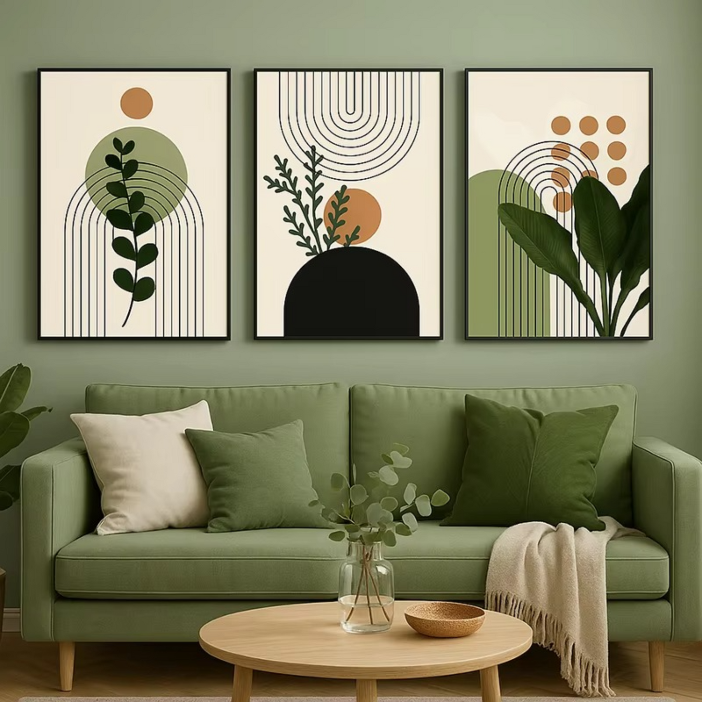 Three-Piece Botanical Canvas Set – Earthy Green Tones to Refresh Your Home