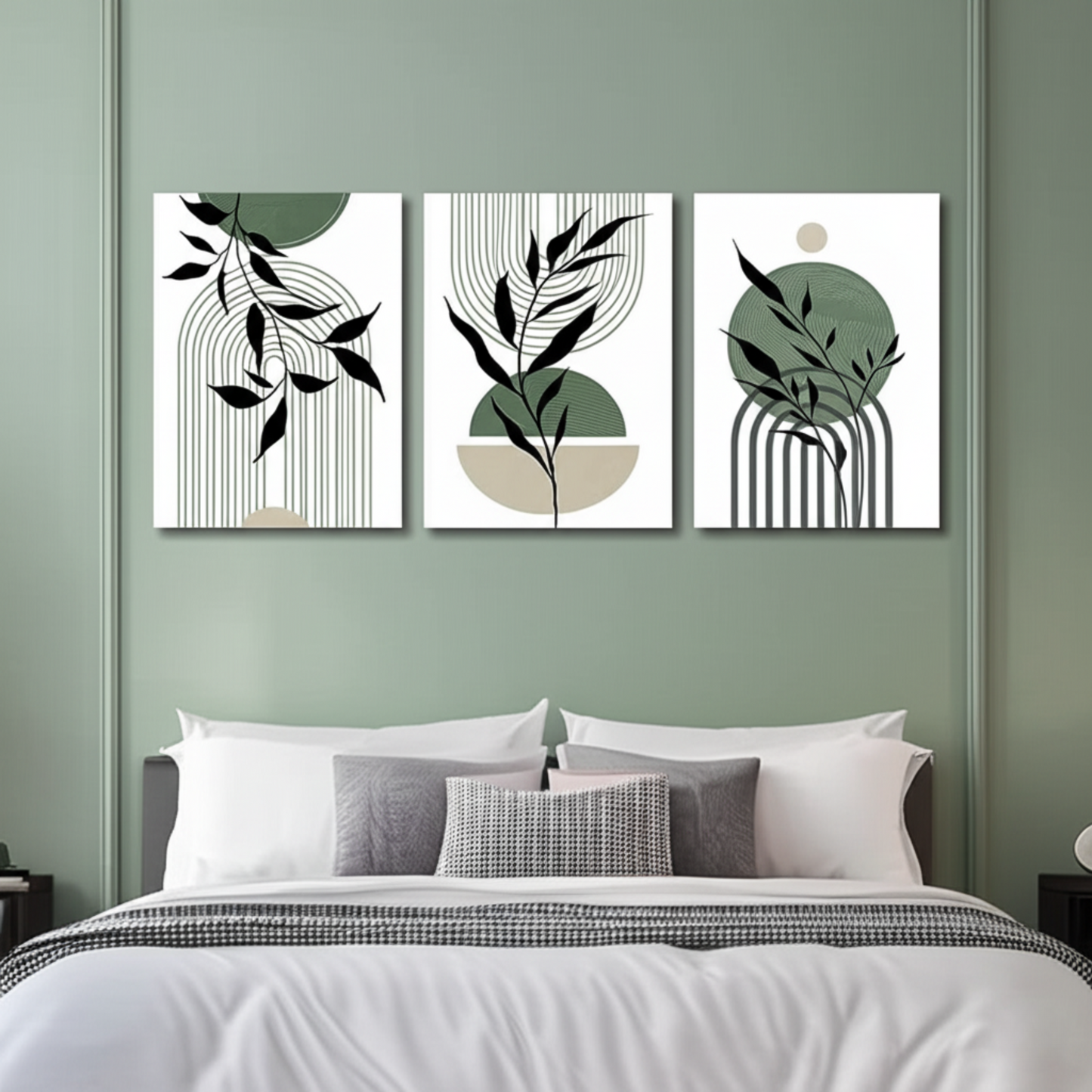Abstract Leaf & Line Wall Art Trio – Sage Green Modern Boho Prints - 3 Canvas Set