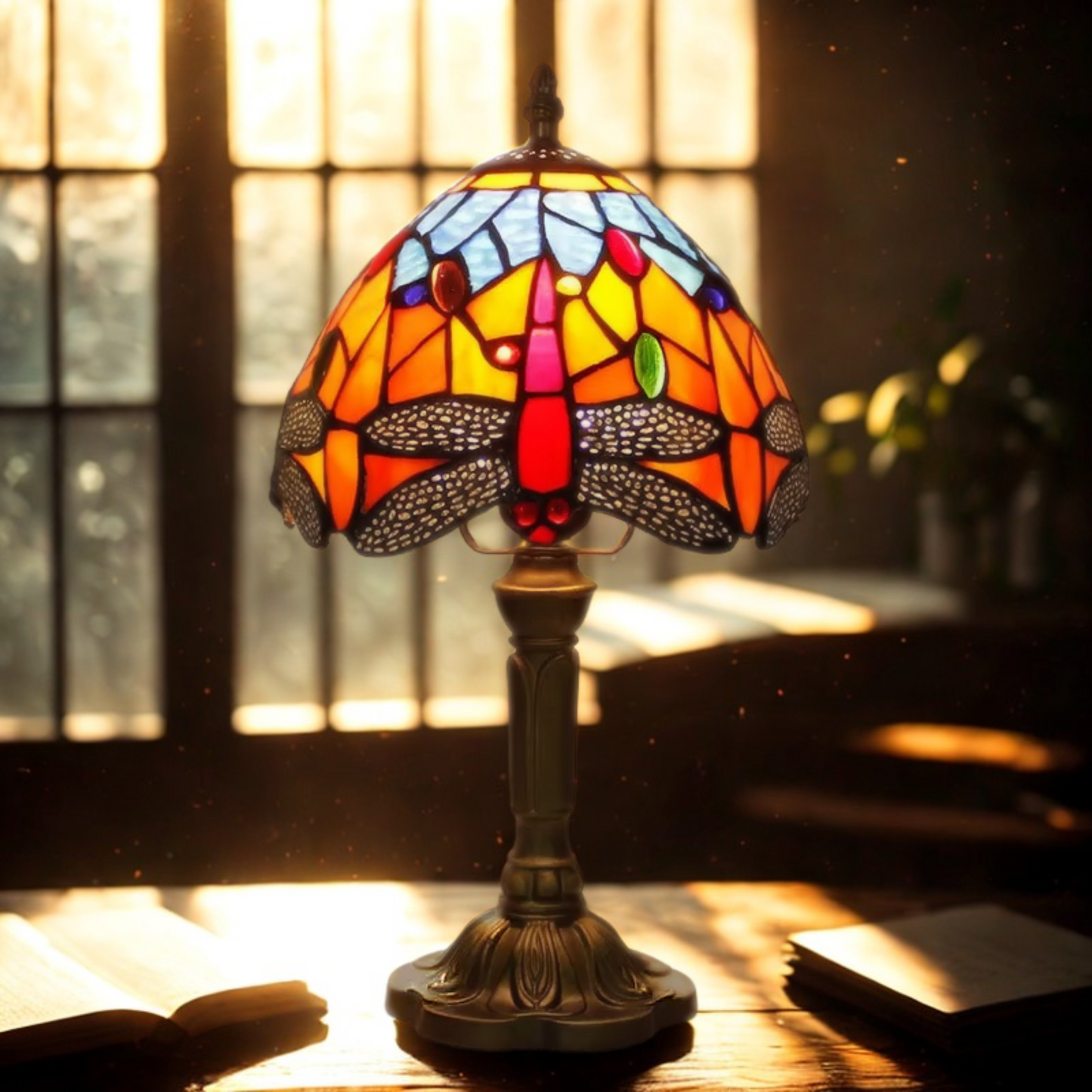 Retro Dragonfly Tiffany Style Lamp – Colourful Stained Glass & Iron Base Accent Light