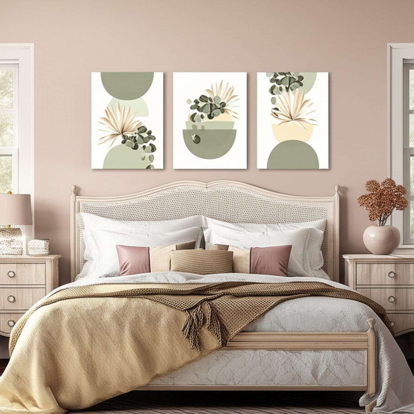 Pastel Botanical Wall Art Set – Light Green & Tan Leaf Trio for Calm Interiors - 3 Canvas Set