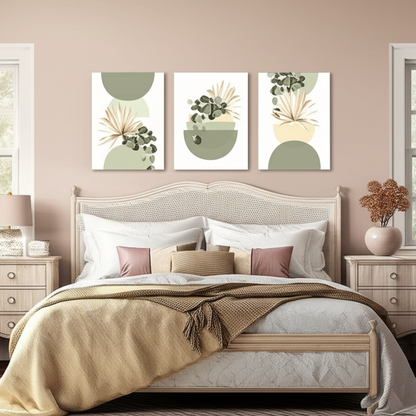 Pastel Botanical Wall Art Set – Light Green & Tan Leaf Trio for Calm Interiors - 3 Canvas Set