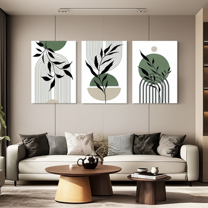 Abstract Leaf & Line Wall Art Trio – Sage Green Modern Boho Prints - 3 Canvas Set