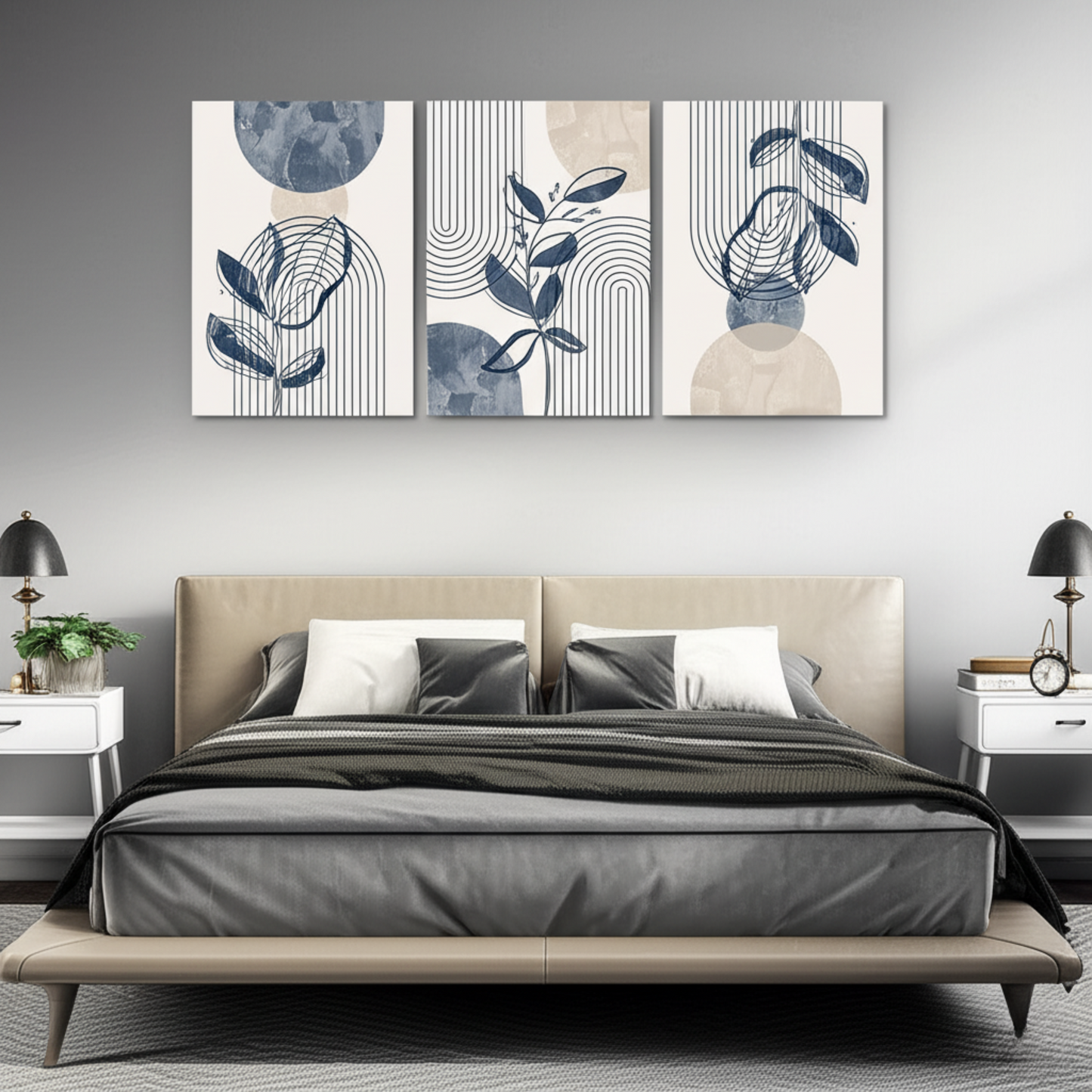 Geometric Leaf Line Art Trio – Blue & Beige Minimalist Canvas Set - 3 Canvas Set