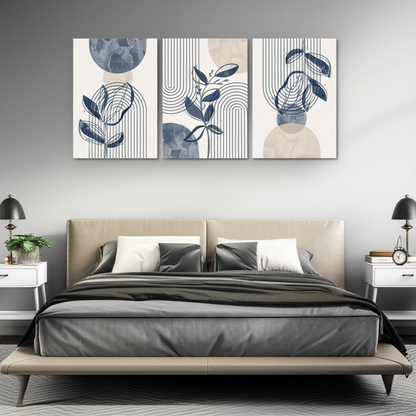Geometric Leaf Line Art Trio – Blue & Beige Minimalist Canvas Set - 3 Canvas Set