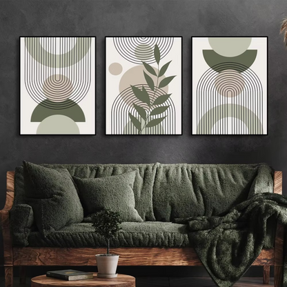 Sage Green Boho Abstract Trio – Stylish Canvas Prints for Contemporary Home Decor
