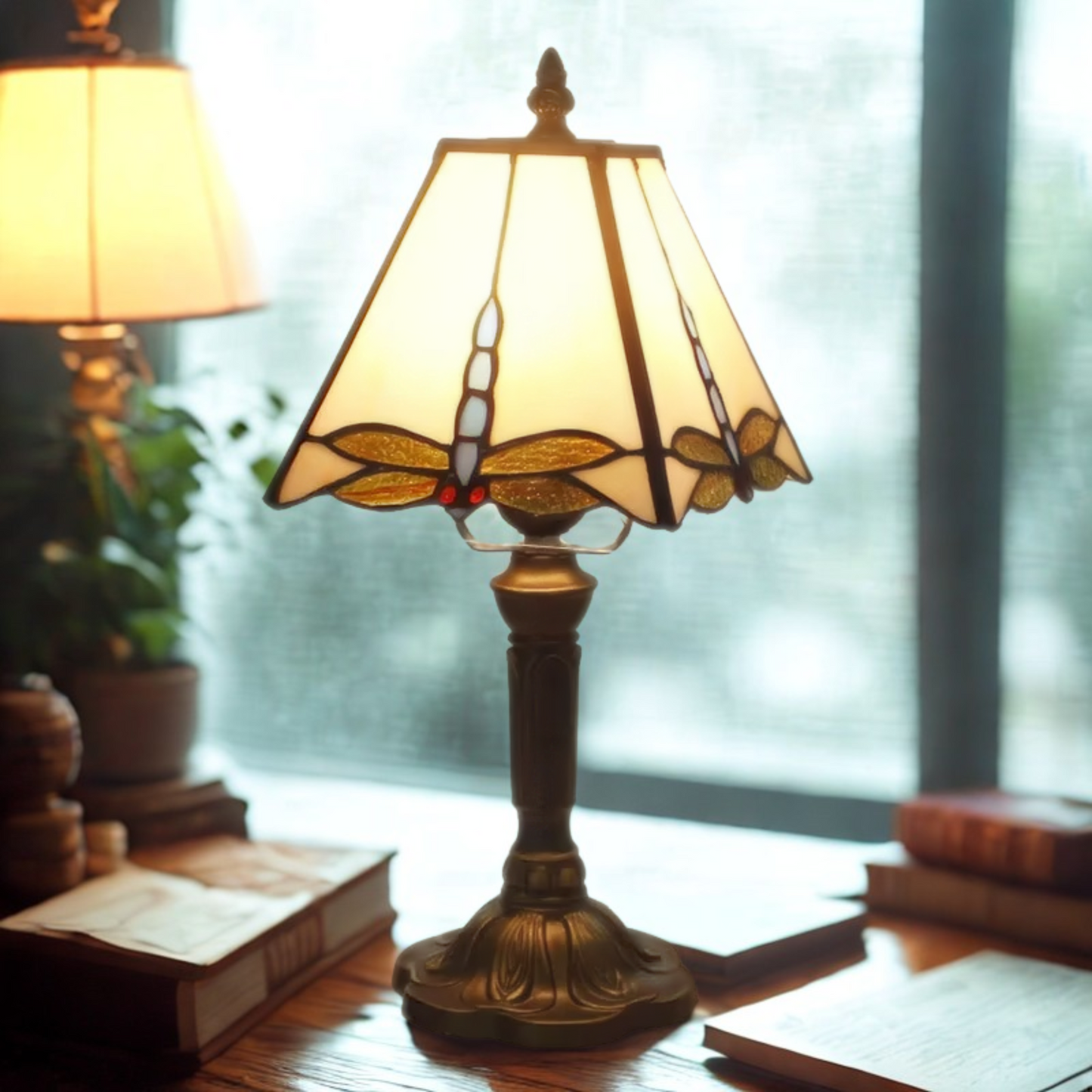 Retro Dragonfly Tiffany Style Lamp – Colourful Stained Glass & Iron Base Accent Light