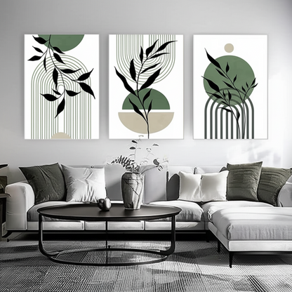 Abstract Leaf & Line Wall Art Trio – Sage Green Modern Boho Prints - 3 Canvas Set