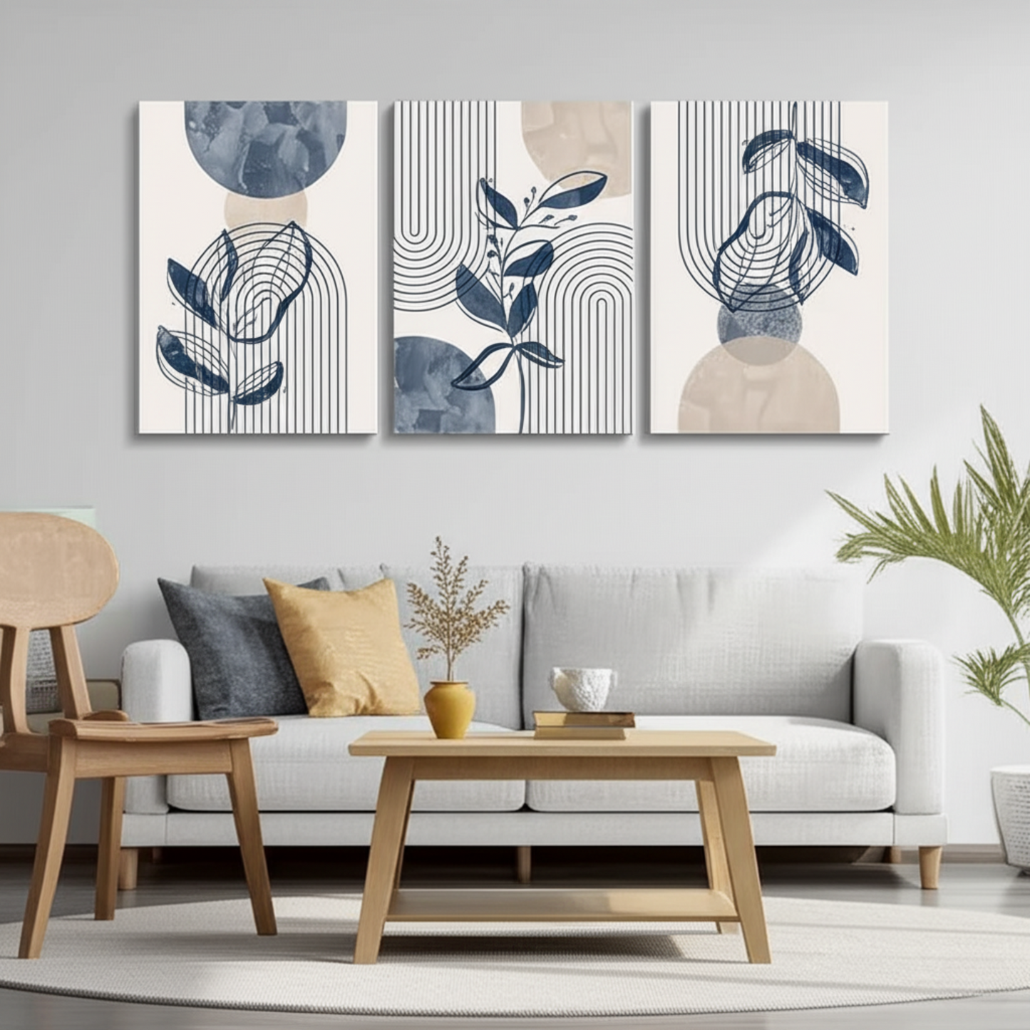 Geometric Leaf Line Art Trio – Blue & Beige Minimalist Canvas Set - 3 Canvas Set