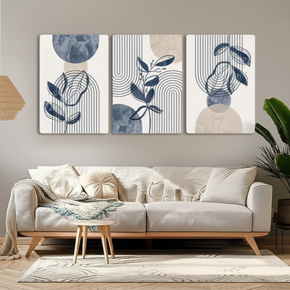 Geometric Leaf Line Art Trio – Blue & Beige Minimalist Canvas Set - 3 Canvas Set