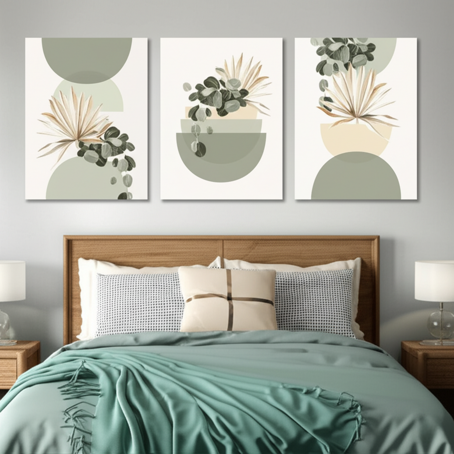 Pastel Botanical Wall Art Set – Light Green & Tan Leaf Trio for Calm Interiors - 3 Canvas Set