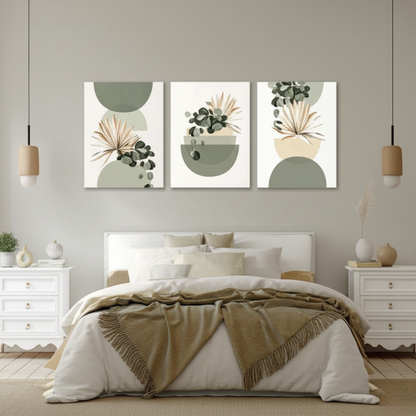 Pastel Botanical Wall Art Set – Light Green & Tan Leaf Trio for Calm Interiors - 3 Canvas Set
