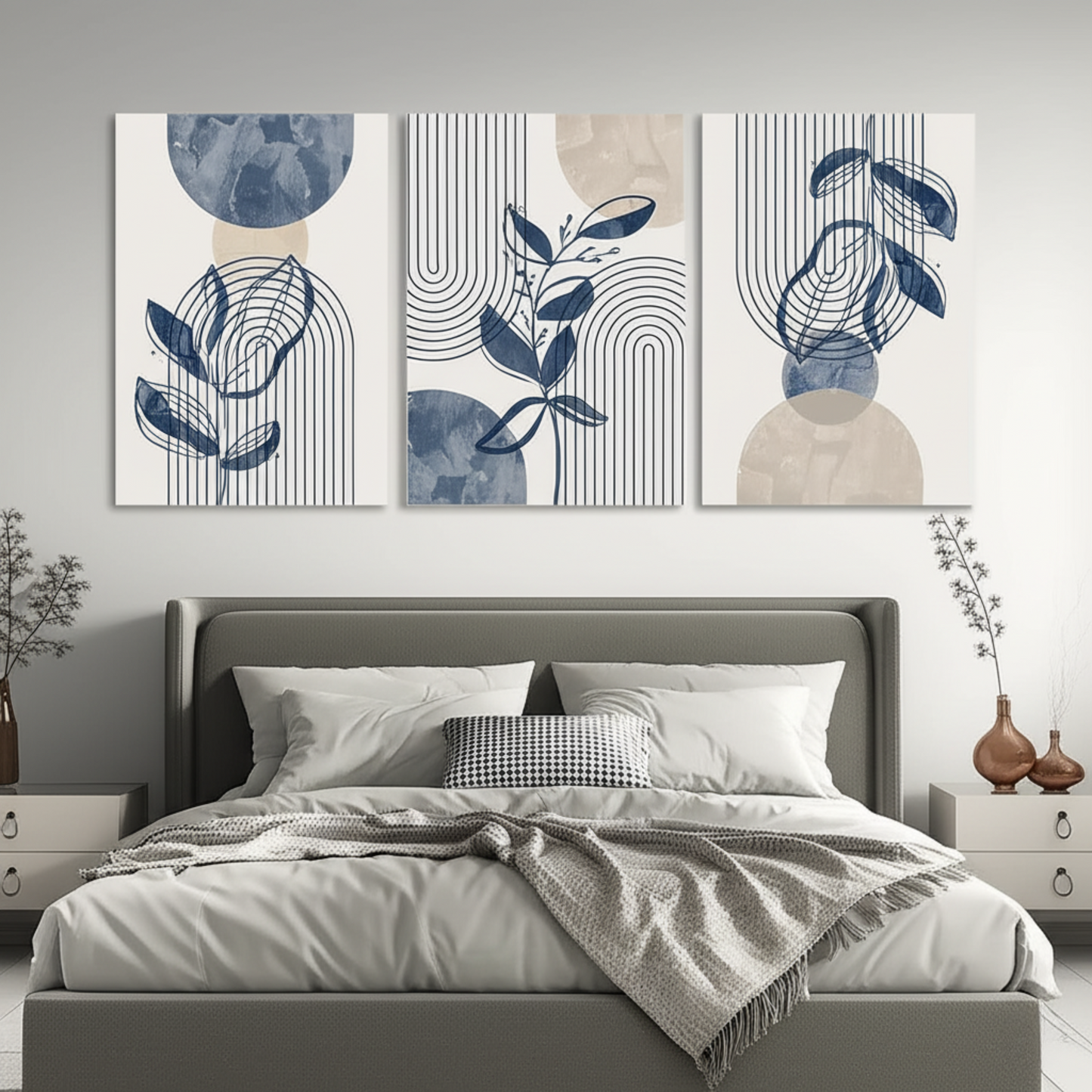 Geometric Leaf Line Art Trio – Blue & Beige Minimalist Canvas Set - 3 Canvas Set