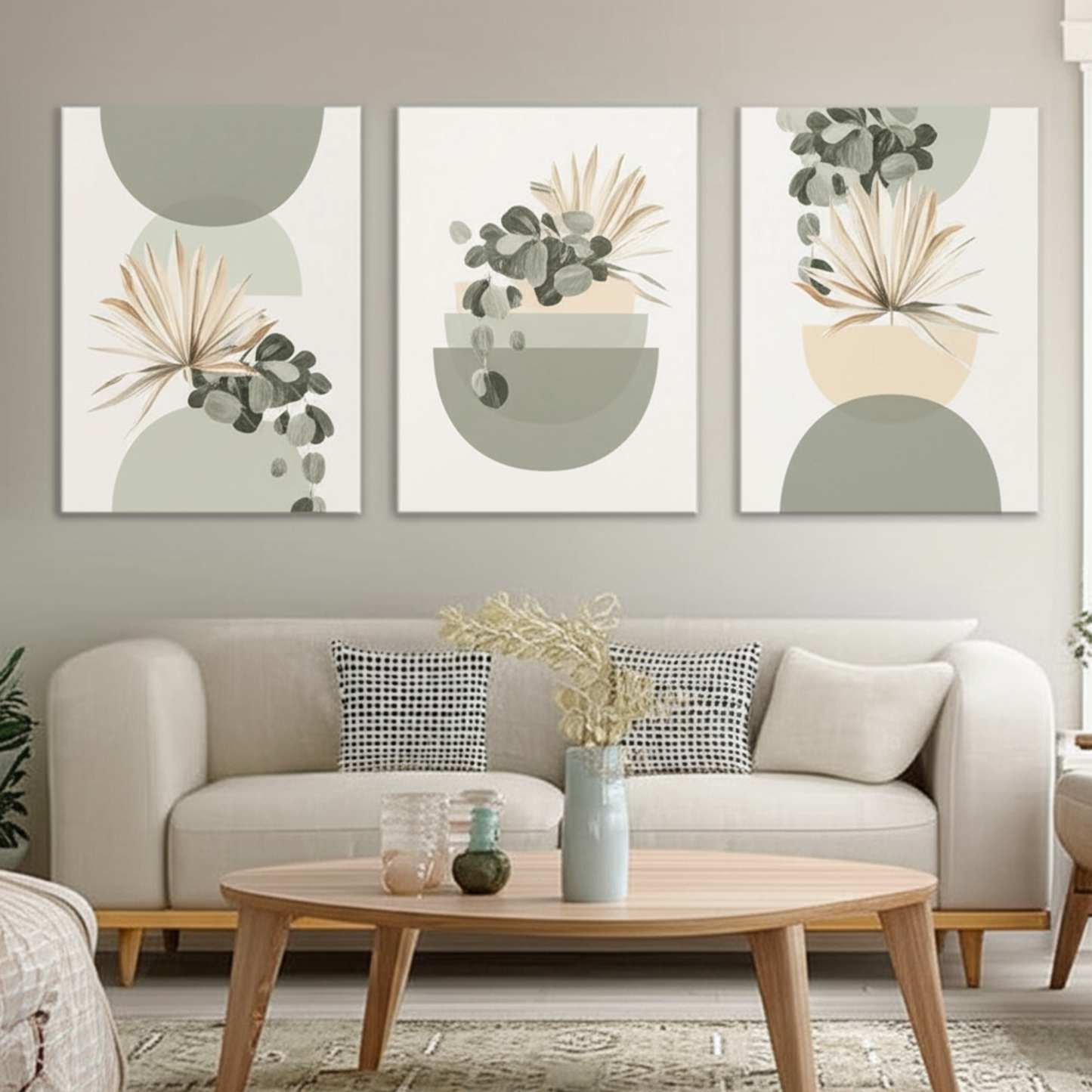 Pastel Botanical Wall Art Set – Light Green & Tan Leaf Trio for Calm Interiors - 3 Canvas Set