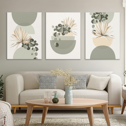 Pastel Botanical Wall Art Set – Light Green & Tan Leaf Trio for Calm Interiors - 3 Canvas Set