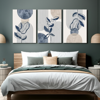 Geometric Leaf Line Art Trio – Blue & Beige Minimalist Canvas Set - 3 Canvas Set
