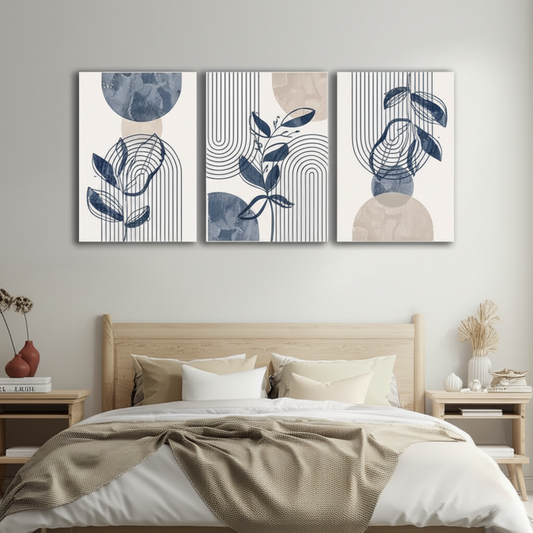 Geometric Leaf Line Art Trio – Blue & Beige Minimalist Canvas Set - 3 Canvas Set