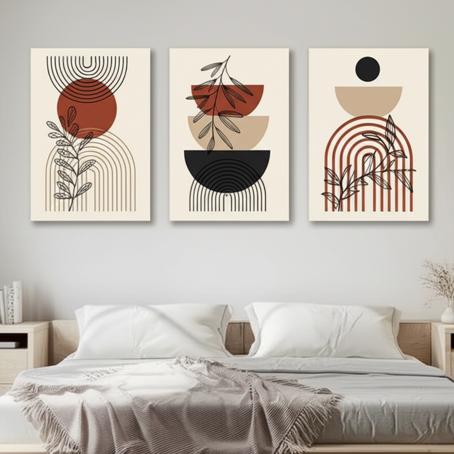 Modern Boho Wall Decor Set – Mid Century Style Canvas Prints in Warm Earth Tones