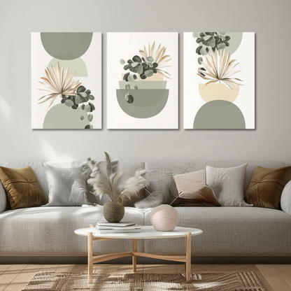 Pastel Botanical Wall Art Set – Light Green & Tan Leaf Trio for Calm Interiors - 3 Canvas Set