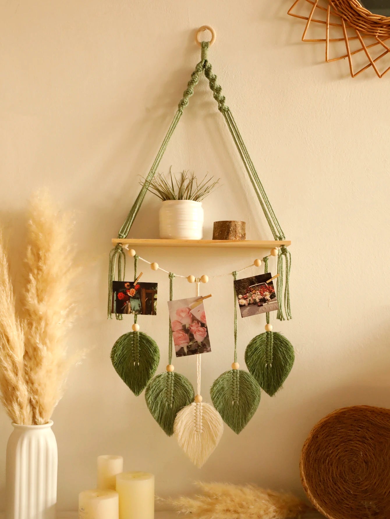 Boho Leaf Macrame Hanging Shelf