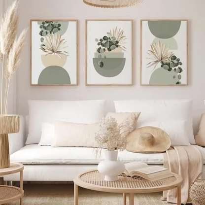 Pastel Botanical Wall Art Set – Light Green & Tan Leaf Trio for Calm Interiors - 3 Canvas Set
