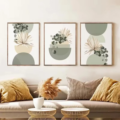 Pastel Botanical Wall Art Set – Light Green & Tan Leaf Trio for Calm Interiors - 3 Canvas Set