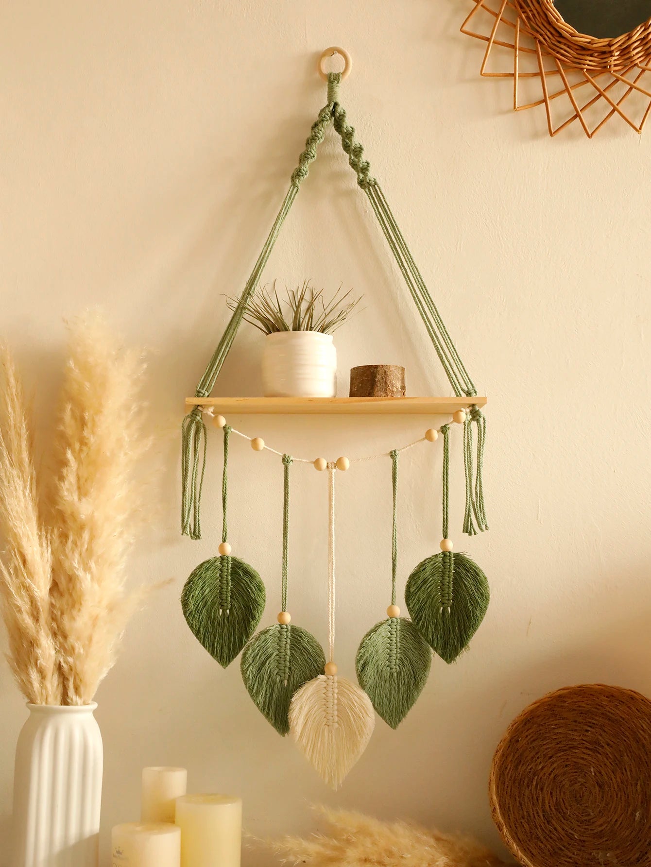 Boho Leaf Macrame Hanging Shelf
