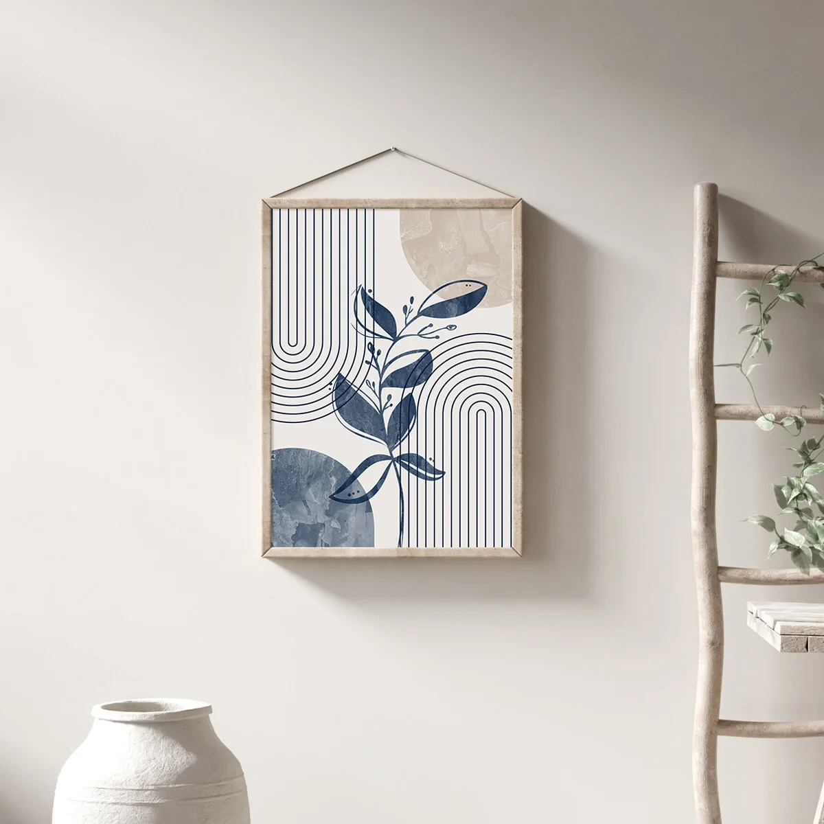 Geometric Leaf Line Art Trio – Blue & Beige Minimalist Canvas Set - 3 Canvas Set