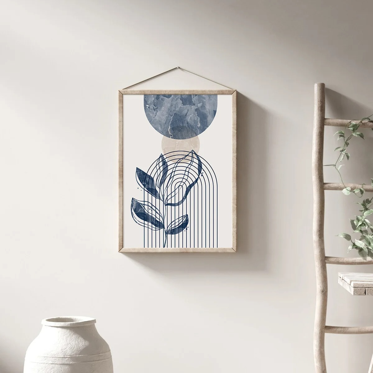 Geometric Leaf Line Art Trio – Blue & Beige Minimalist Canvas Set - 3 Canvas Set