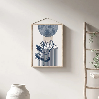 Geometric Leaf Line Art Trio – Blue & Beige Minimalist Canvas Set - 3 Canvas Set
