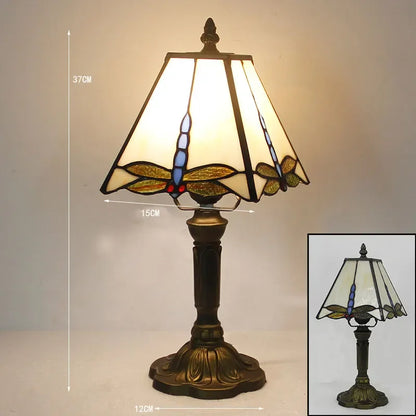 Retro Dragonfly Tiffany Style Lamp – Colourful Stained Glass & Iron Base Accent Light