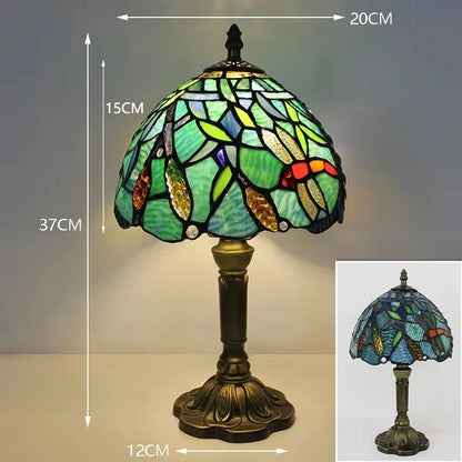 Retro Dragonfly Tiffany Style Lamp – Colourful Stained Glass & Iron Base Accent Light