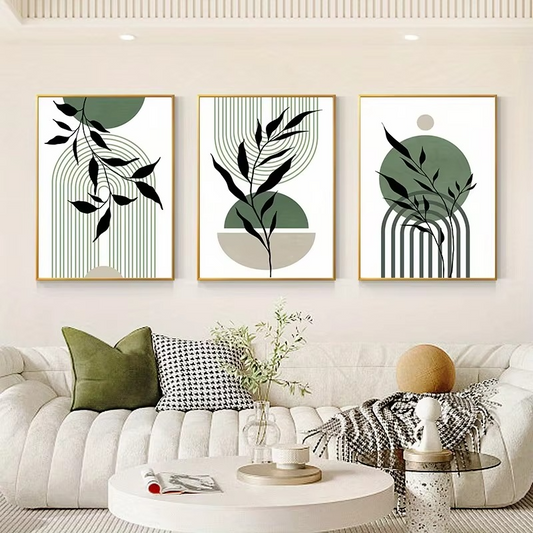 Abstract Leaf & Line Wall Art Trio – Sage Green Modern Boho Prints - 3 Canvas Set